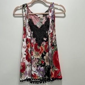Meadow Rue Anthropologie Tank Top size 8 Floral Pom Pom Detailed